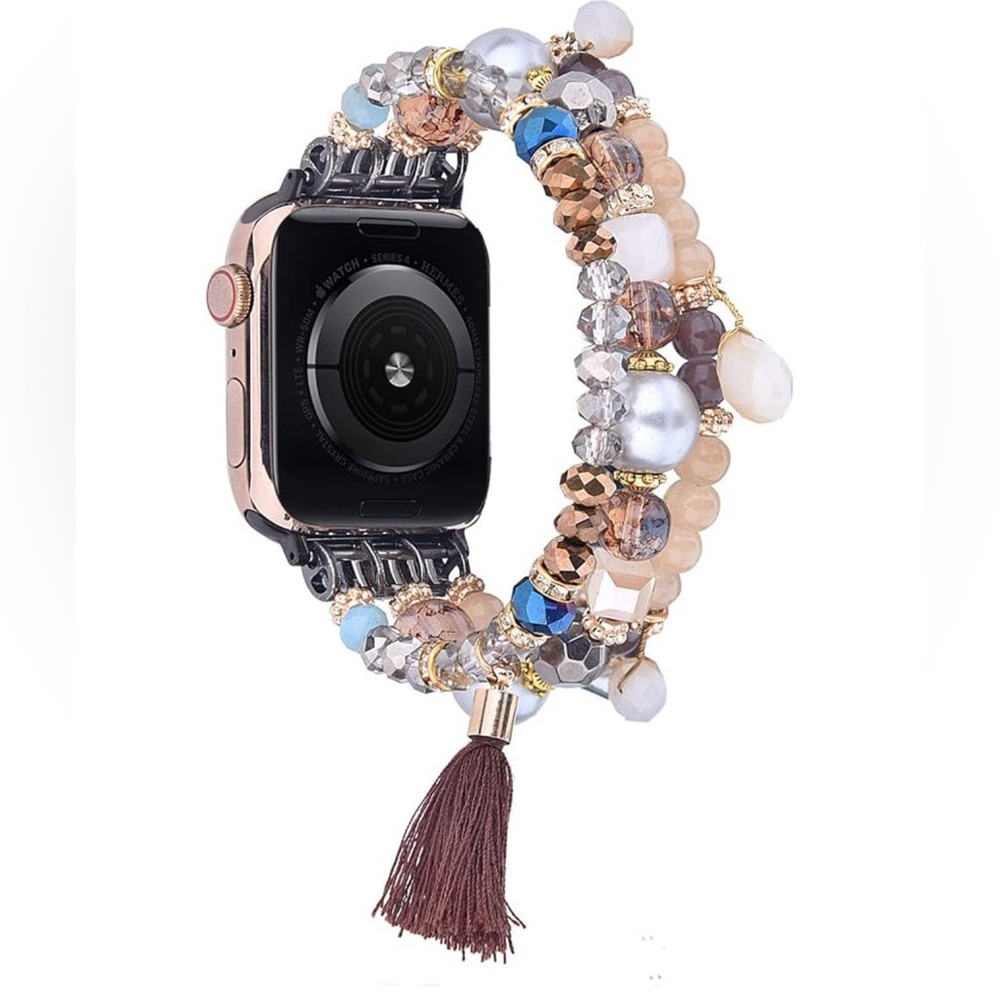 Beaded Tassel Watch Band Bracelet for Women - Rose Gold and Brown